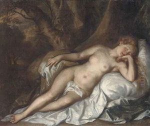 Study Of A Sleeping Nymph In A Woodland Landscape