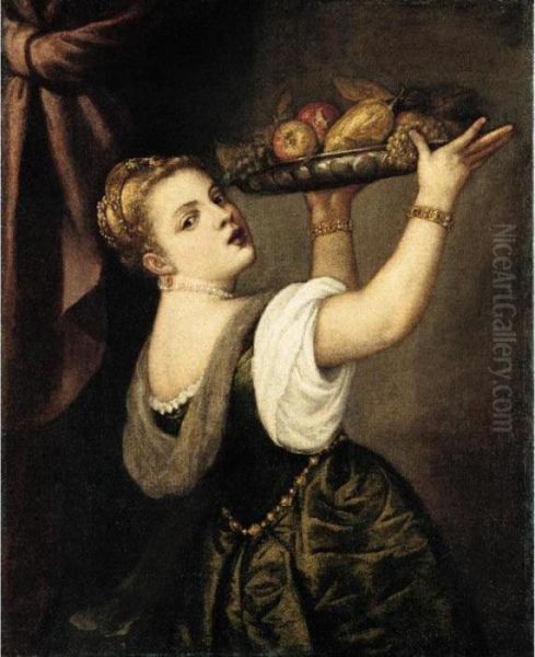 Portrait Of A Young Woman, Half-length, Holding Up A Tray Of Fruit - view 1