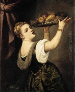 Portrait Of A Young Woman, Half-length, Holding Up A Tray Of Fruit