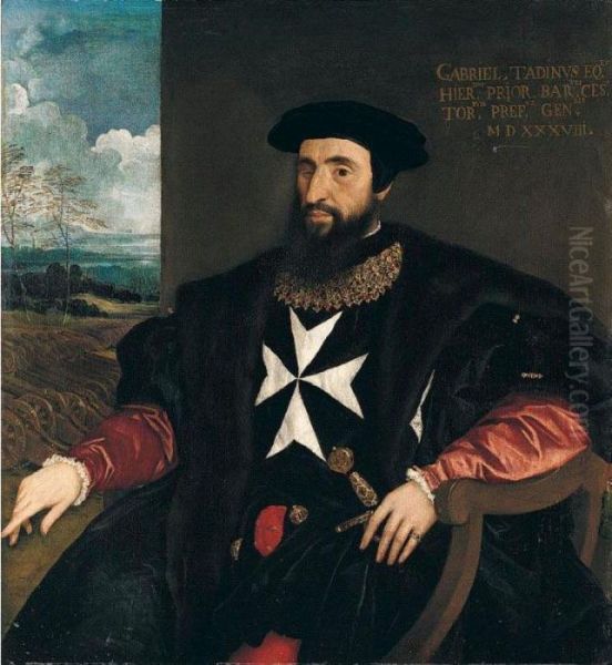 Portrait Of Gabriele Tadino
(1480-1544), Three-quarter Length Seated, Wearing The Robes Of The Order
Of The Knights Of Malta, A Landscape With Cannons Beyond - view 1