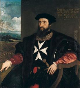 Portrait Of Gabriele Tadino
(1480-1544), Three-quarter Length Seated, Wearing The Robes Of The Order
Of The Knights Of Malta, A Landscape With Cannons Beyond by Tiziano Vecellio (Titian)