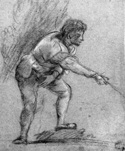 A Youth Leaning Forward, Gesturing To The Right