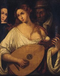 A Woman Playing The Lute By An Old Man