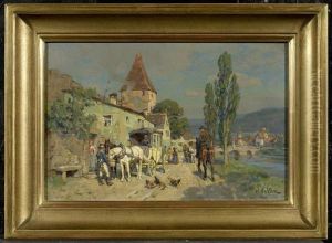 Landscape With A River, Carriage And Riders by Wilhelm Velten