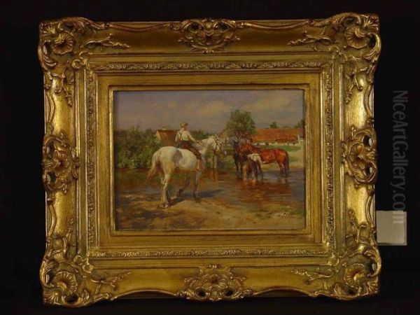 Stallburschen Mit Pferden Am Flussufer - view 1