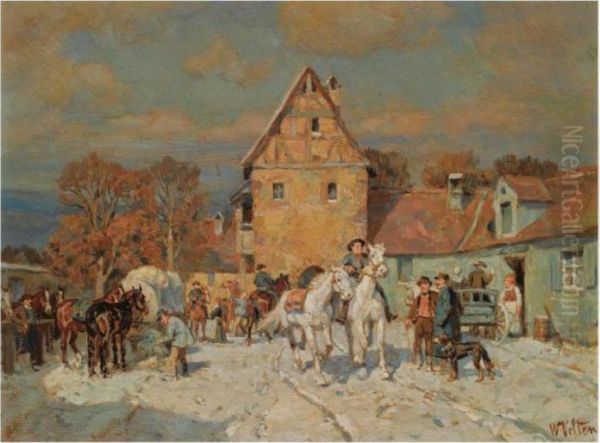 Many Figures In A Wintry Village - view 1