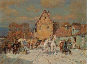 Many Figures In A Wintry Village by Wilhelm Velten