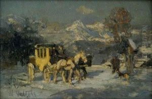 Postkutsche Und Wanderer Mit Hund Bei Einem Bildstock In Winterlicher Landschaft