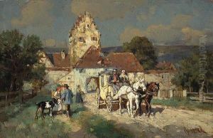A Carriage With Peasant Figures Outside A Village