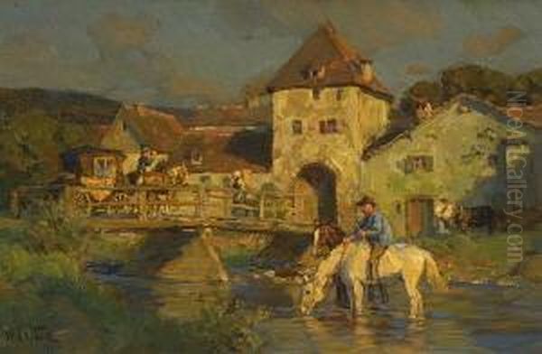 Bauer Mit Pferden Im Fluss - view 1