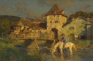 Bauer Mit Pferden Im Fluss by Wilhelm Velten