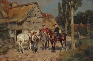 Reiter Im Gesprach Mit Einem
 Bauern Vor Dessen Gehoft.