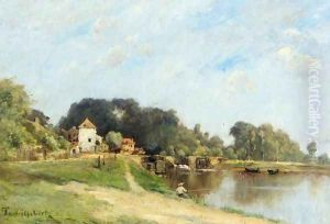 Pêcheur à cote d'une rivière by Paul Trouillebert