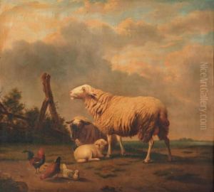 Two Sheep With A Lamb And Three Chickens In A Landscape