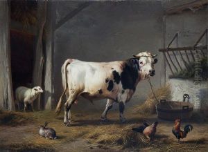 Interno Di Stalla Con Mucca, Pecora, Gallo, Galline Ed Un Coniglio