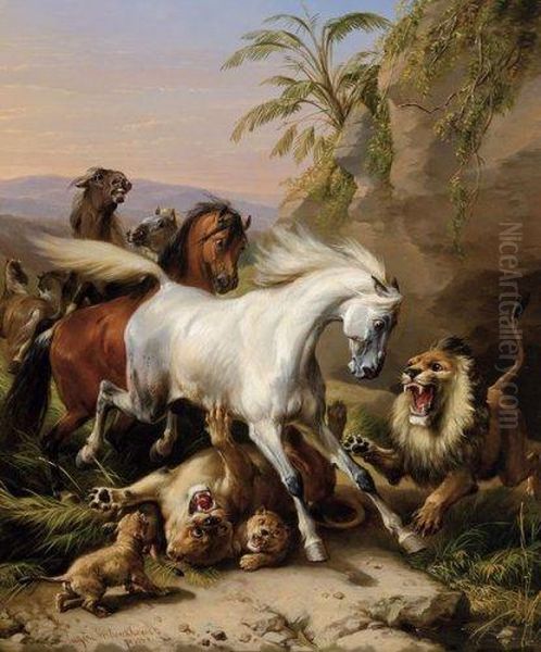 Chevaux Arabes Et Lions Dans Un Paysage Oriental - view 1