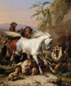 Chevaux Arabes Et Lions Dans Un Paysage Oriental