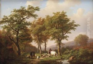 A Wooded Landscape With A Herdsman And His Cattle On A Track
