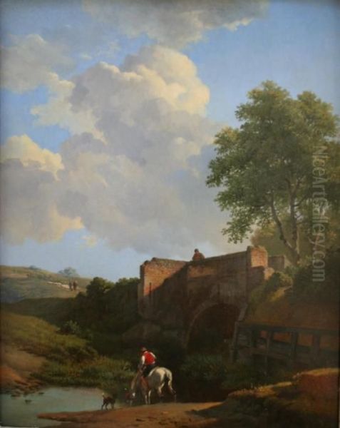 Horse And Rider Watering Beneath A Bridge - view 1