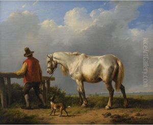 Farmhand With Horse And Dog In Landscape