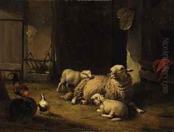 A Ewe And Lambs In A Barn - view 1