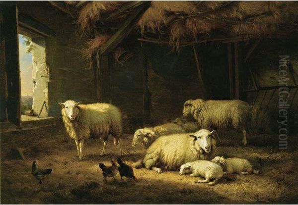 Sheep And Chickens In A Barn - view 1