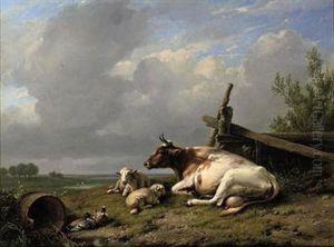 A Cow, Sheep And Ducks In The Pasture