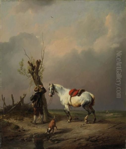 A White Horse, Dog And Rider At Rest - view 1