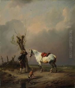 A White Horse, Dog And Rider At Rest