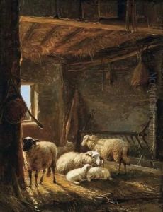 Six Moutons Dans Une Etable by Eugene Joseph Verboeckhoven
