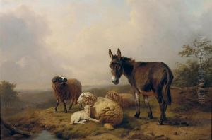 A Donkey And Sheep On A Hilltop by Eugene Joseph Verboeckhoven