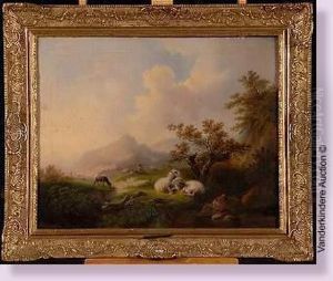 Berger Et Son Troupeau Au Bord Du Ruisseau by Eugene Joseph Verboeckhoven