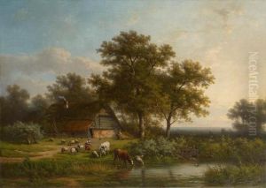 Bergers Et Leur Troupeau En Bord De Riviere