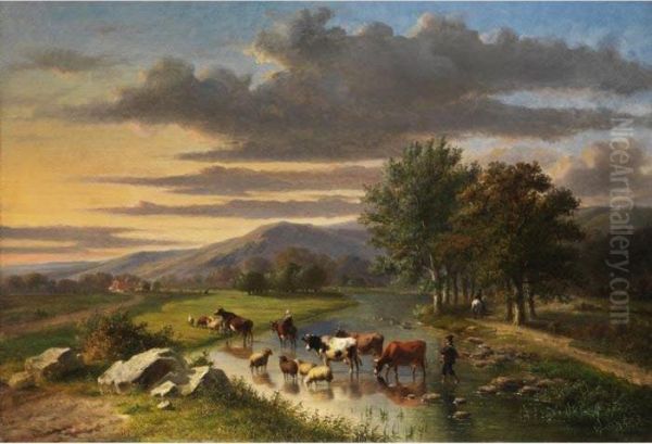 Hirten Mit Heimziehender Rinder- Undschafherde In Einer Furt - view 1