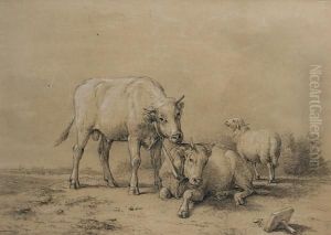 Two Tethered Bulls And A Sheep Before A Landscape by Eugene Joseph Verboeckhoven