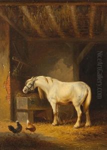 Horse And Chickens In A Barn by Eugene Joseph Verboeckhoven