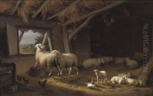 Sheep, Chickens And A Hare In A Barn by Eugene Joseph Verboeckhoven