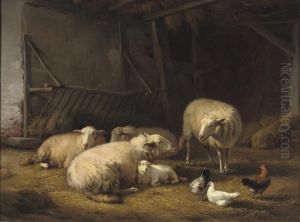 A Barn With Sheep And Chickens by Eugene Joseph Verboeckhoven