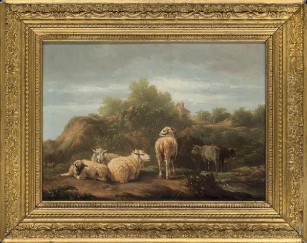 Sheep In A Landscape With A Farm House Beyond - view 1