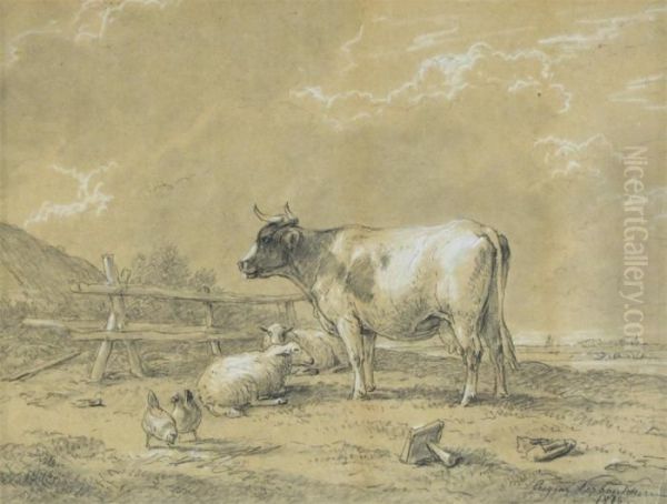 Cattle Sheep And Chickens In A Field By A Cottage - view 1
