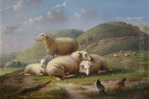 Schafe Und Huhner In Romantischer Hugellandschaft by Eugene Joseph Verboeckhoven