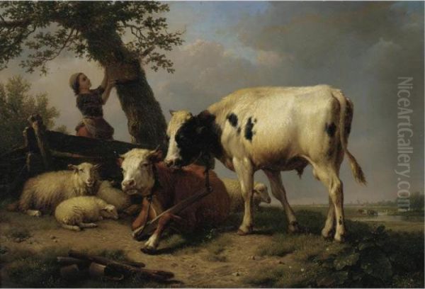 Shepherd Girl With Cattle And Sheep At Rest - view 1