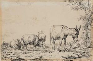 Weidende Schafe Und Esel Am Wasser by Eugene Joseph Verboeckhoven