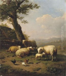 Sheep And Chickens In A Riverside Pasture by Eugene Joseph Verboeckhoven