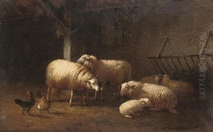 Sheep And Chicken In A Barn by Eugene Joseph Verboeckhoven
