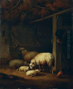 Stall Mit Schafen Und Einem Hahn. by Eugene Joseph Verboeckhoven