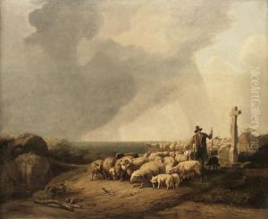 Schafer Mit Seiner Herde Bei Aufziehendemgewitter