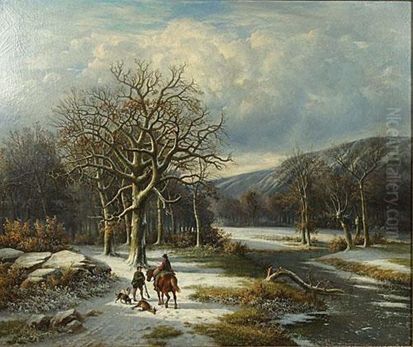 De Jager En Ruiters Ineen Heuvelachtig Landschap In De Winter.
Un Chasseur Et Cavalier Dan Un Paysage Montagneux En Hiver - view 1