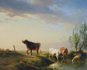 Scenery With Bull, Cows And Sheep by Eugene Joseph Verboeckhoven
