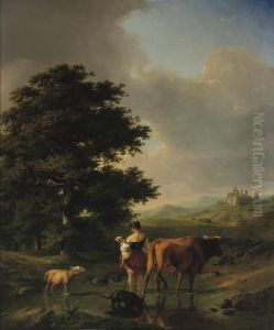 A Woman And Her Cattle In An Extensive Summer Landscape by Eugene Joseph Verboeckhoven